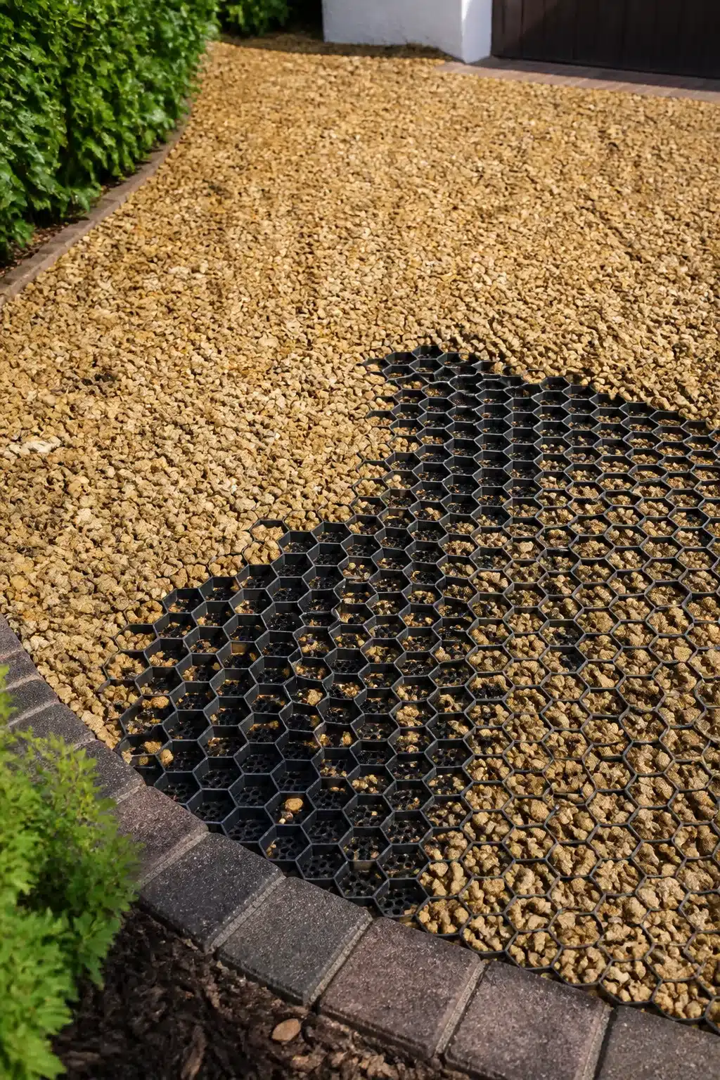 Exposed hexagonal gravel grid system under golden stone fill — gravel driveway ideas for a stable, low-maintenance surface