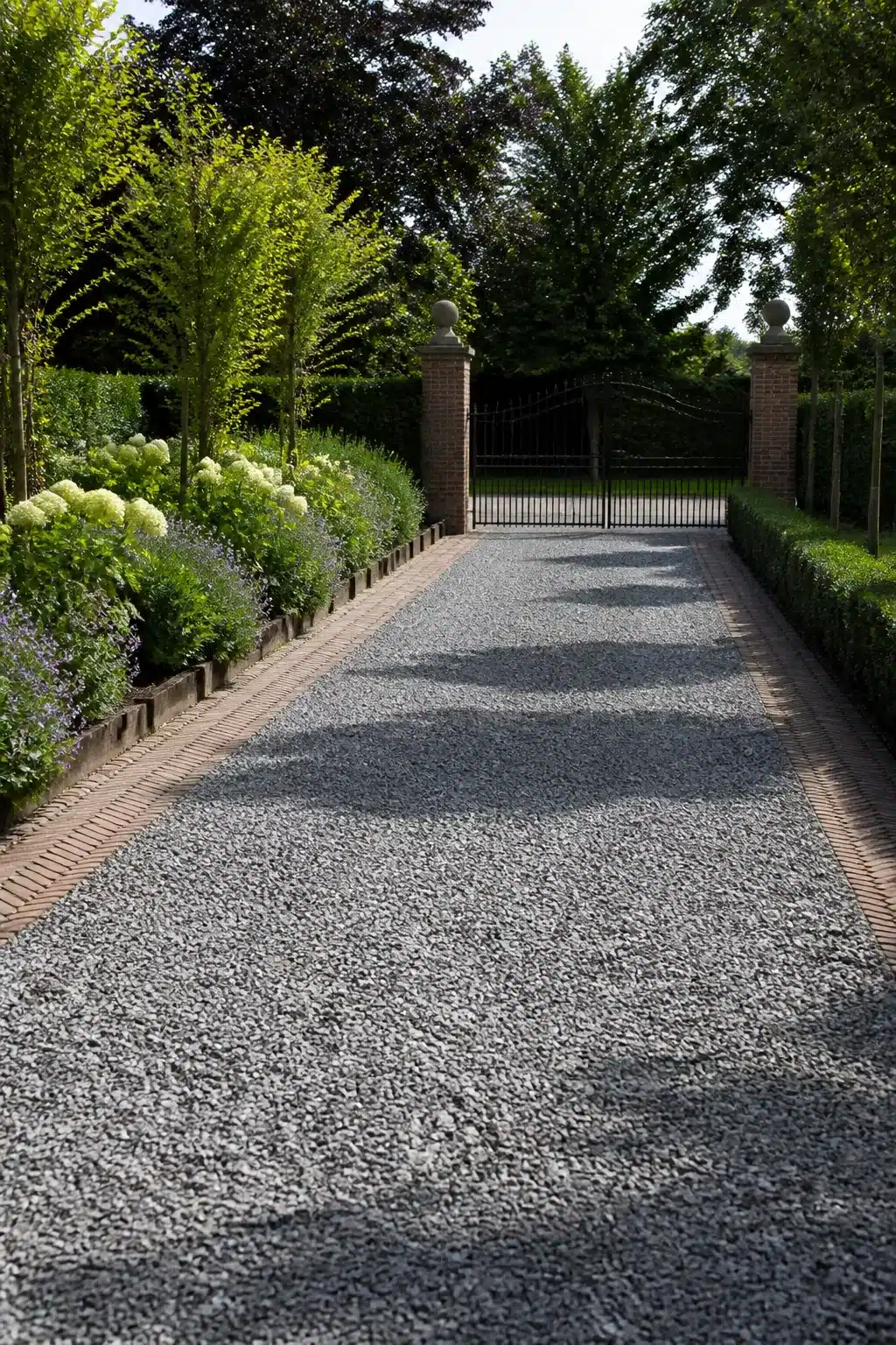 Silver gravel driveway ideas with herringbone brick edging, iron gates, hydrangeas and catmint border planting