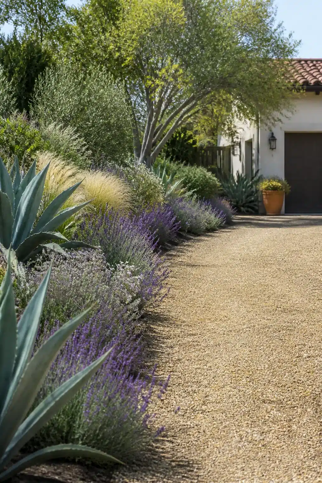Gravel driveway ideas with agave, lavender, and feather grass border alongside a warm tan gravel approach