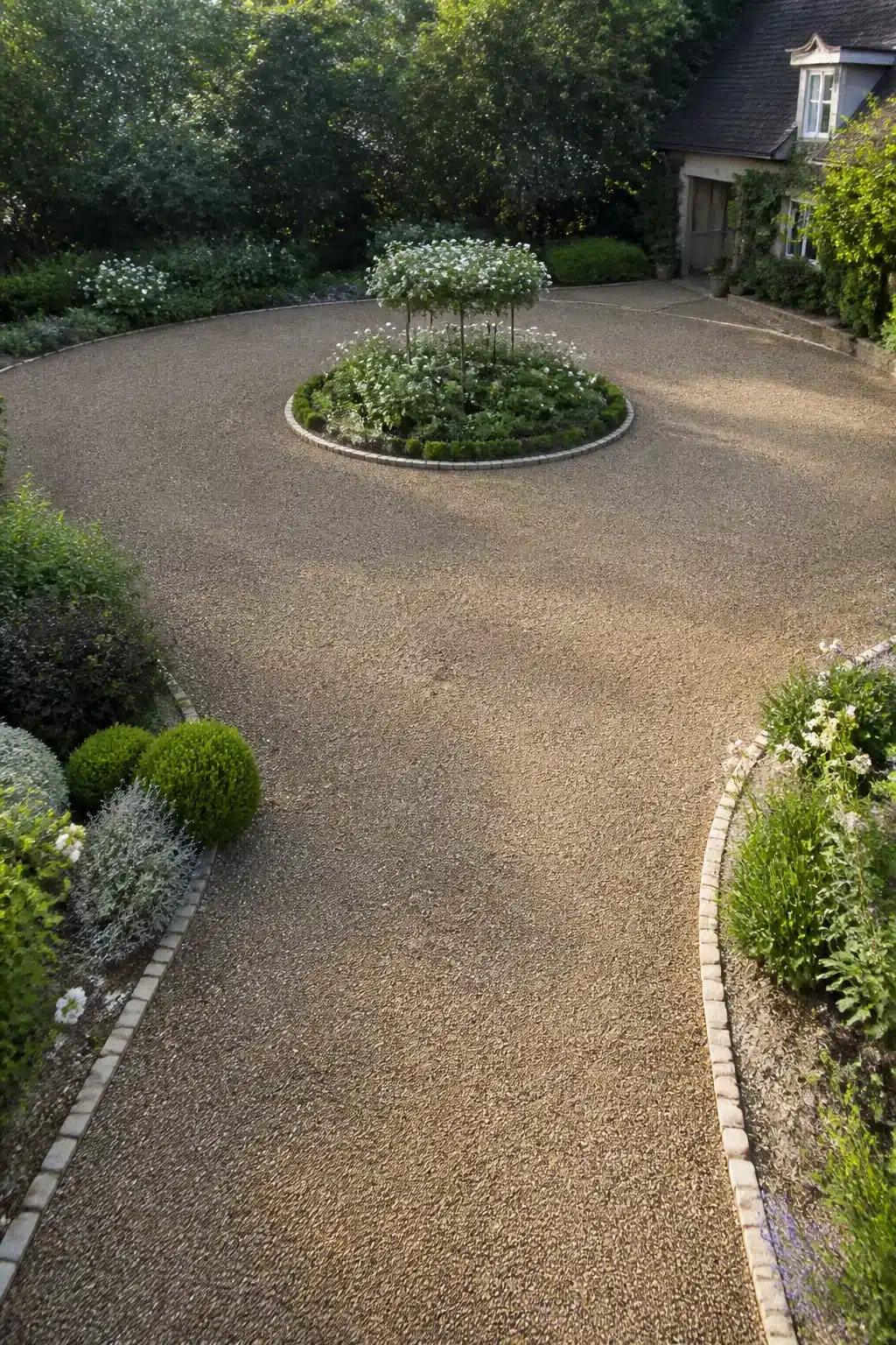 Gravel driveway ideas with a circular turnaround, cobble-edged planting island, and standard roses — aerial view.