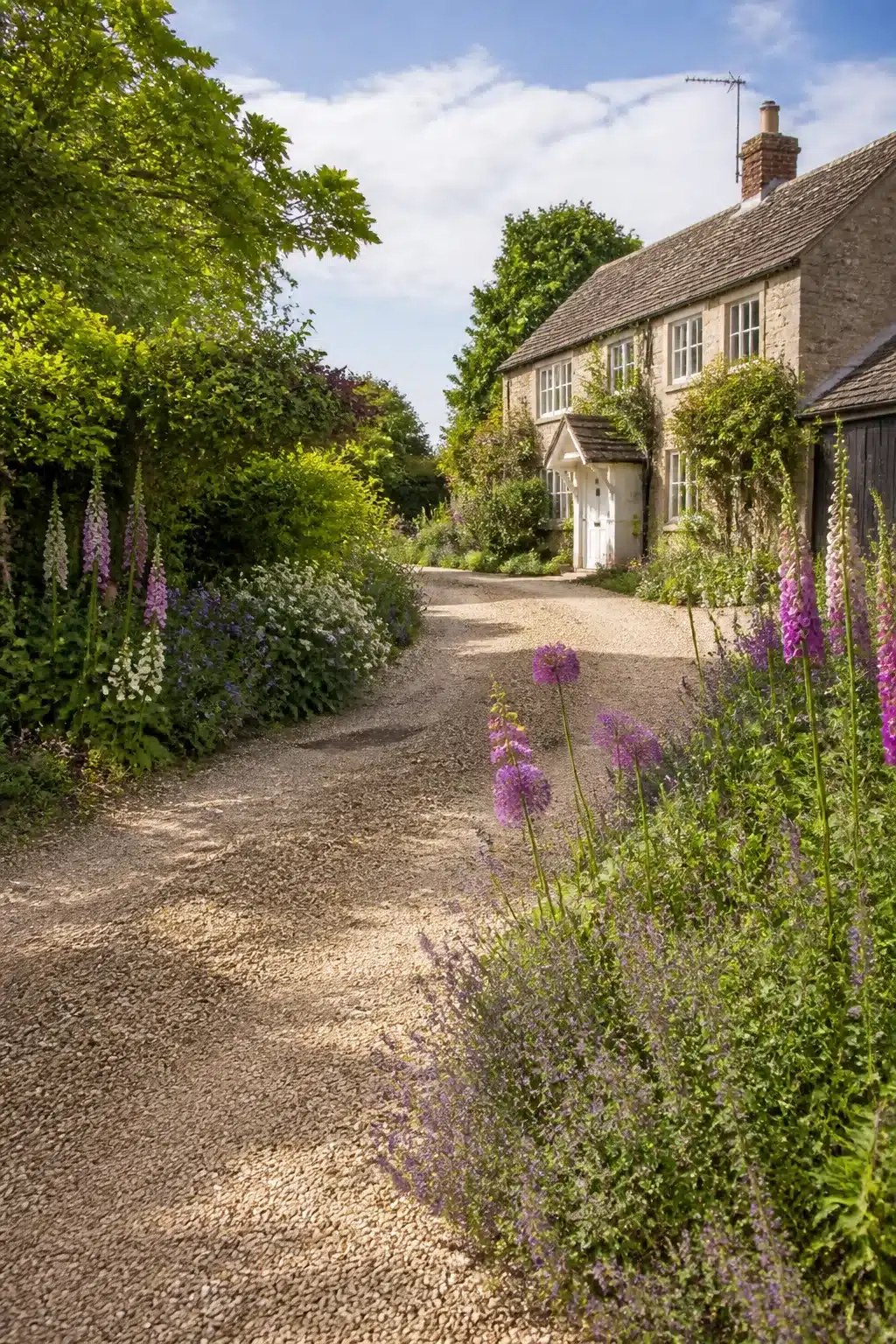 Gravel driveway ideas with foxglove and allium cottage garden border planting leading to a stone farmhouse