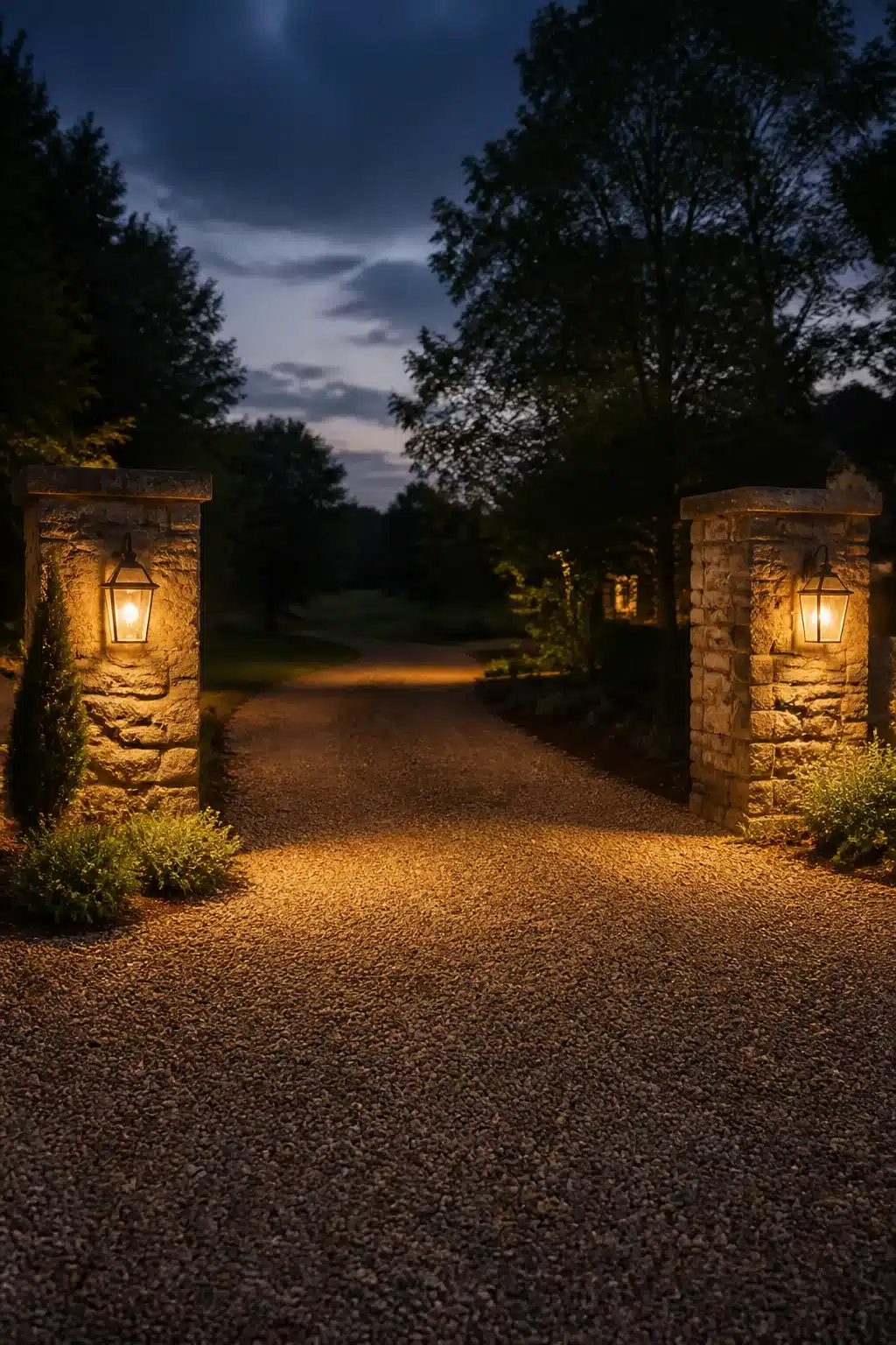 Gravel driveway ideas with warm lantern-lit stone pillars flanking a residential entry at dusk
