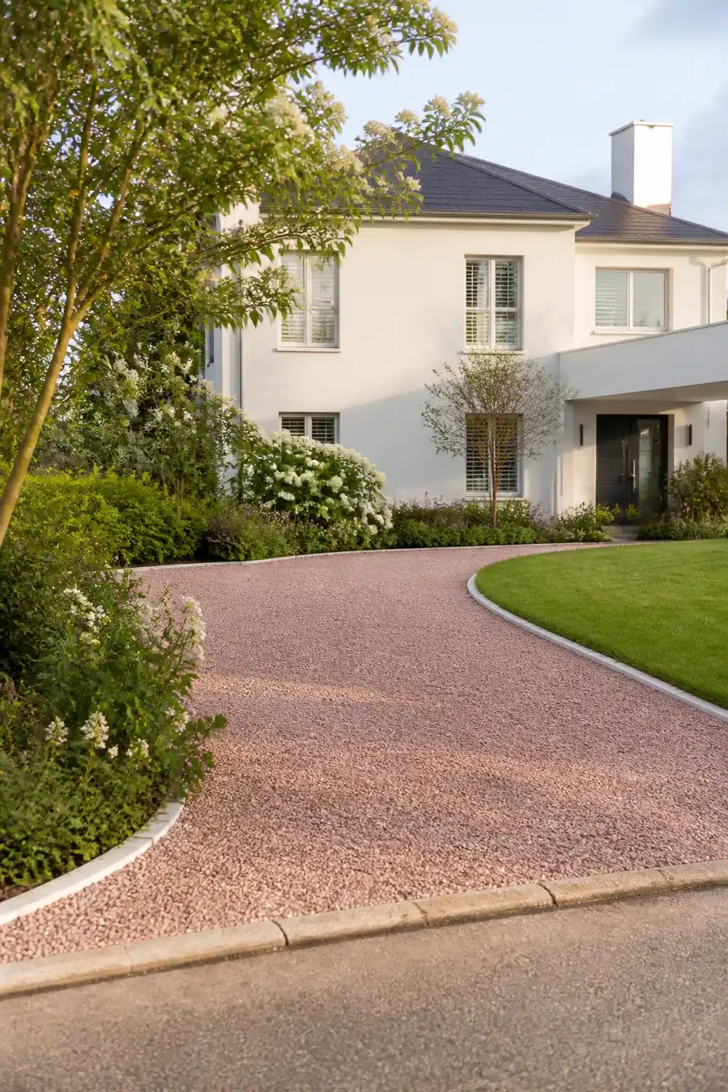 Pink gravel driveway ideas with curved lawn edge and white render home — warm residential front approach