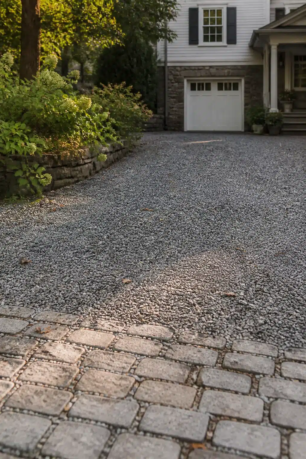 Gravel driveway ideas with reclaimed cobble apron strip and stone retaining wall border at a suburban home
