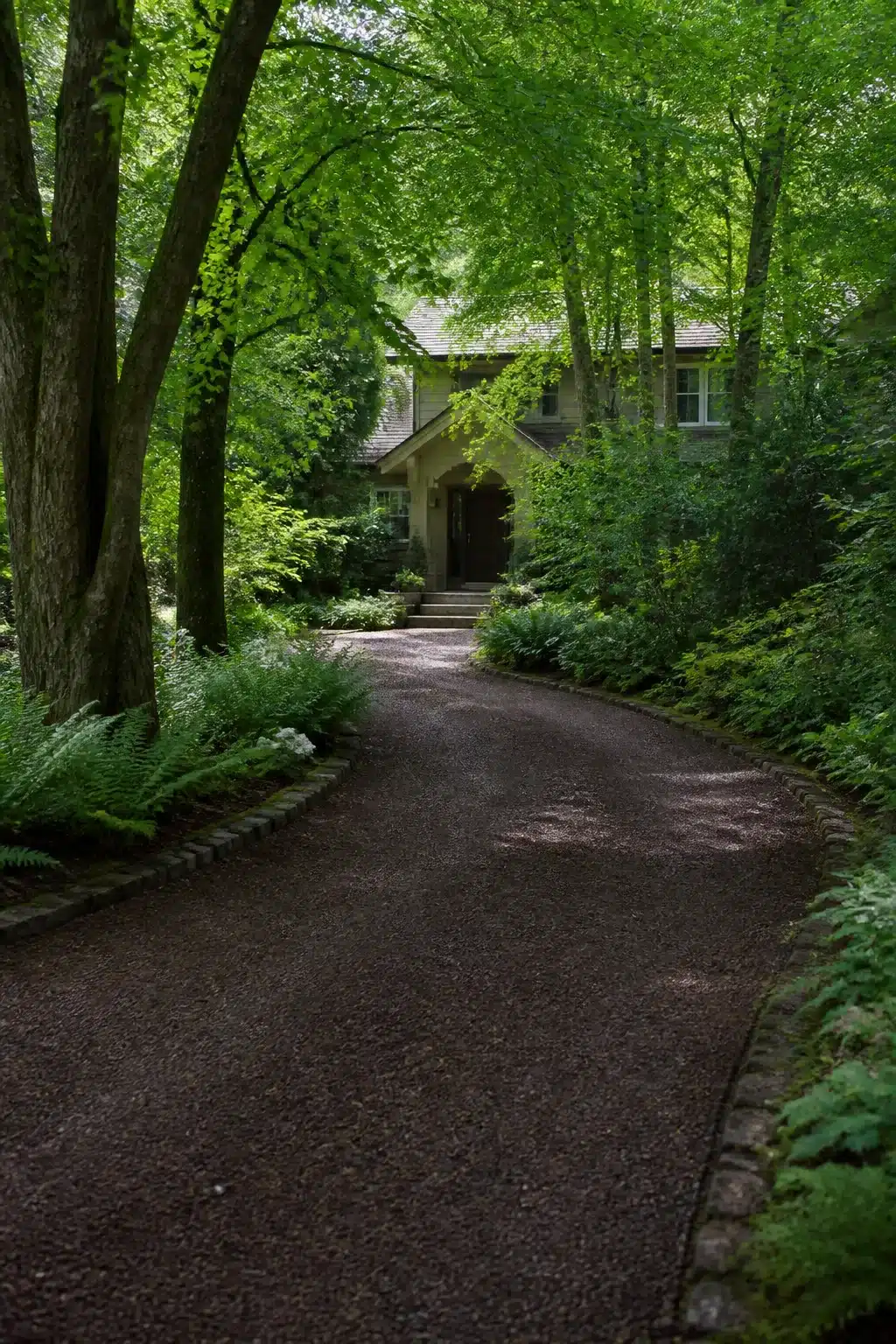Dark bark-blend gravel driveway ideas with fern borders and woodland tree canopy framing a stone cottage.