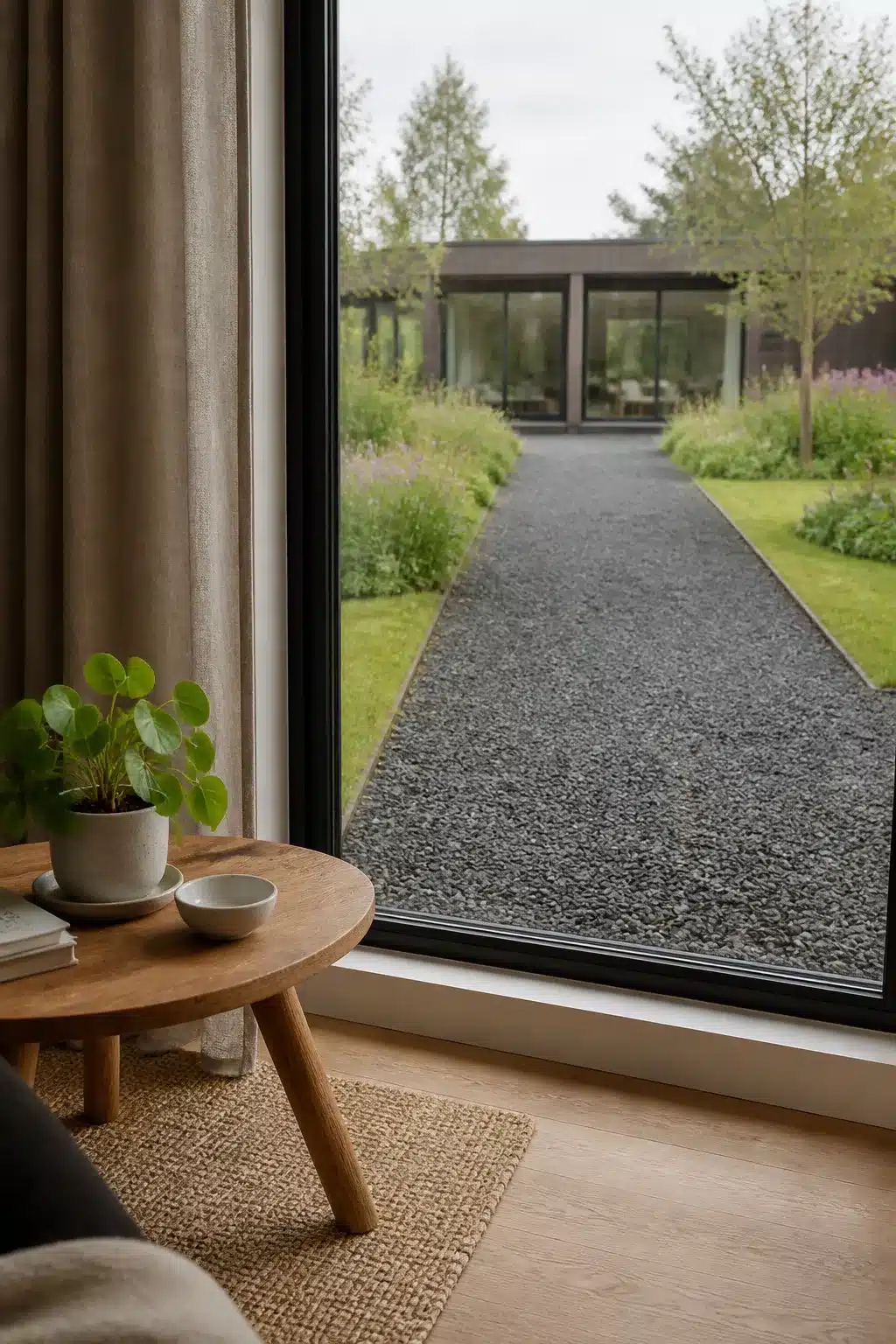 Charcoal gravel driveway ideas with soft perennial borders leading to a modern home exterior