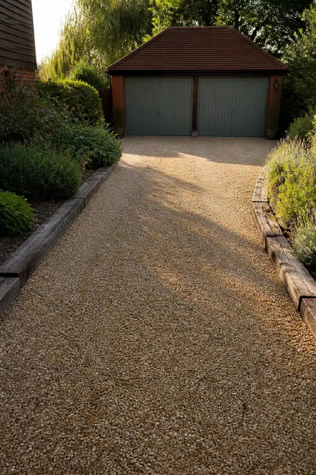 Golden gravel driveway ideas with timber sleeper edging and lavender border leading to a double garage