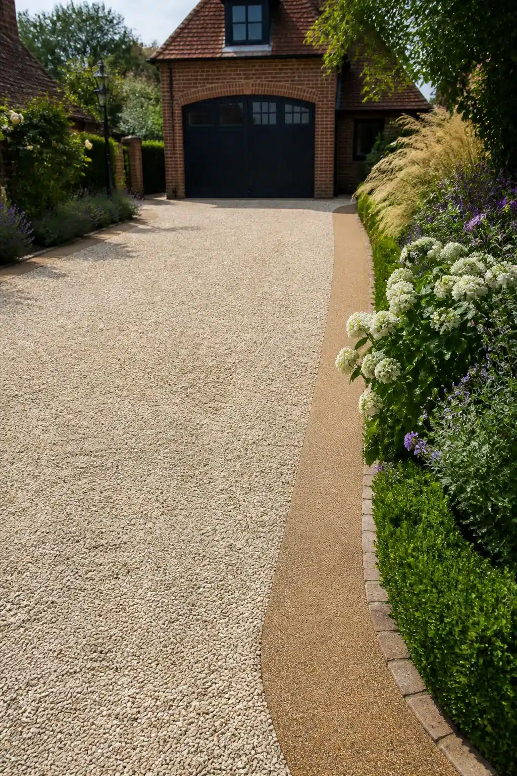 Gravel driveway ideas with resin-bound tan edge strip, cream loose gravel, and lush flowering border planting.