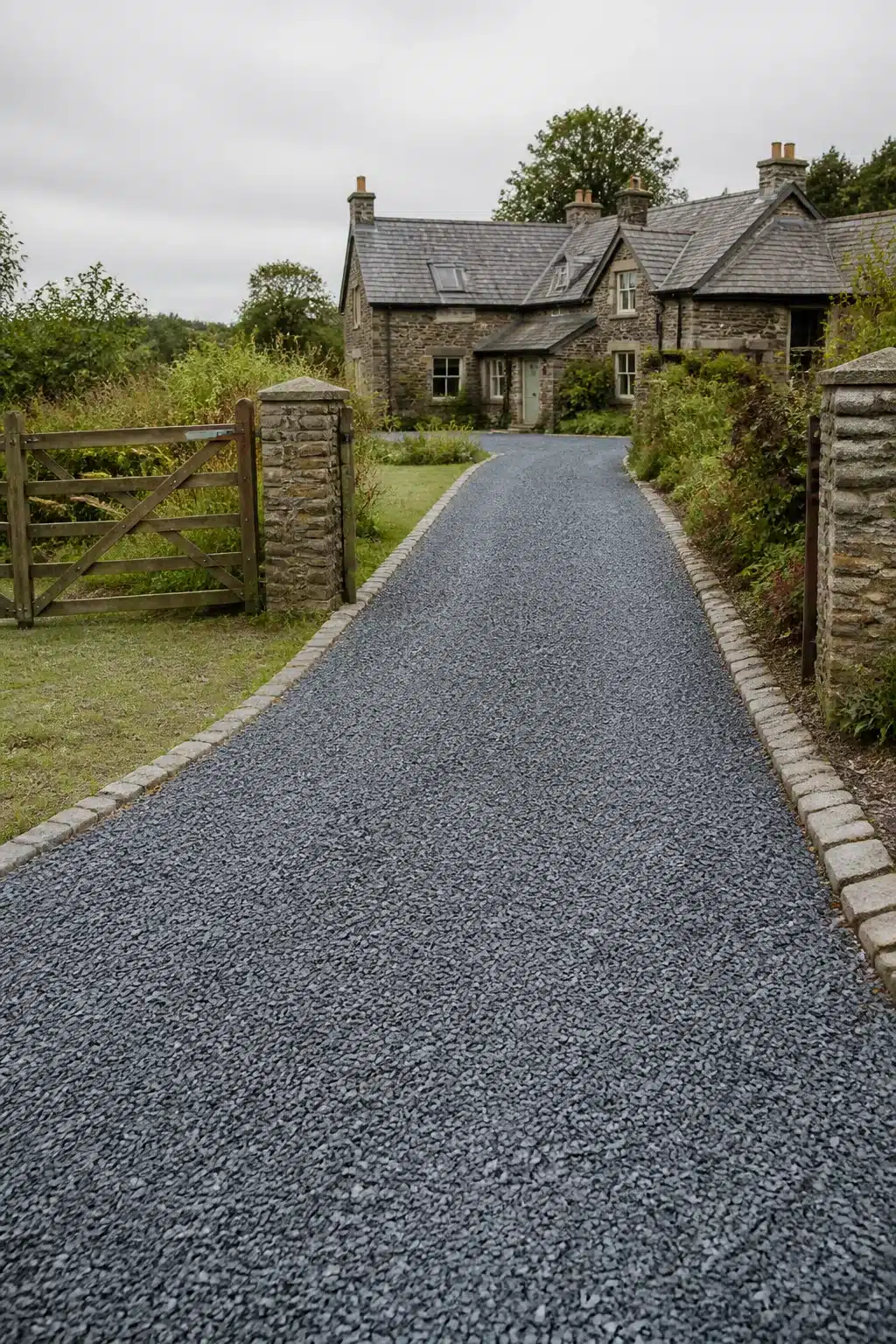 Recycled crushed slate gravel driveway ideas with stone pillar gate and granite sett edging at a stone cottage