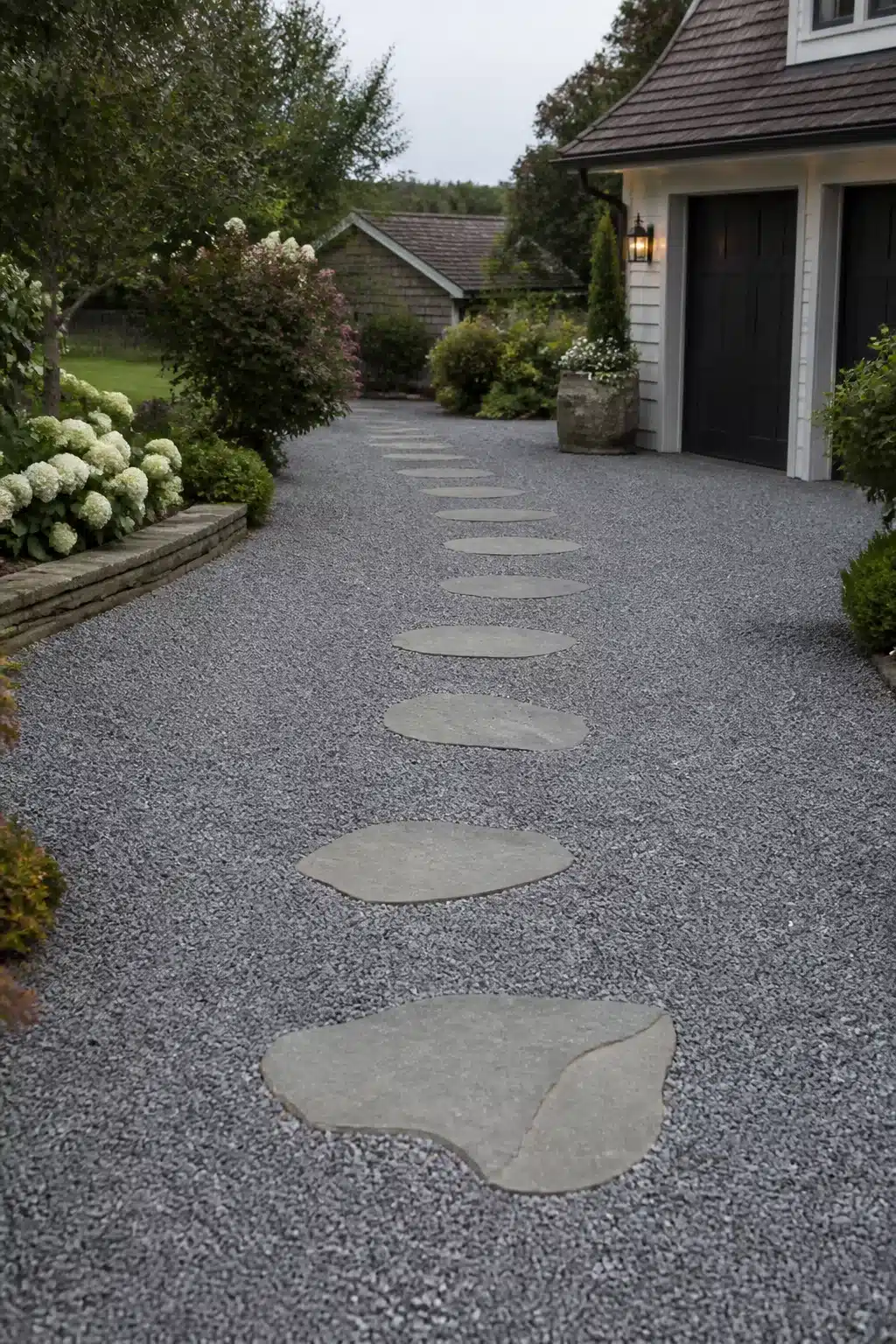 Gravel driveway ideas with large flagstone stepping stone inserts set in blue-gray gravel beside a white home garage.