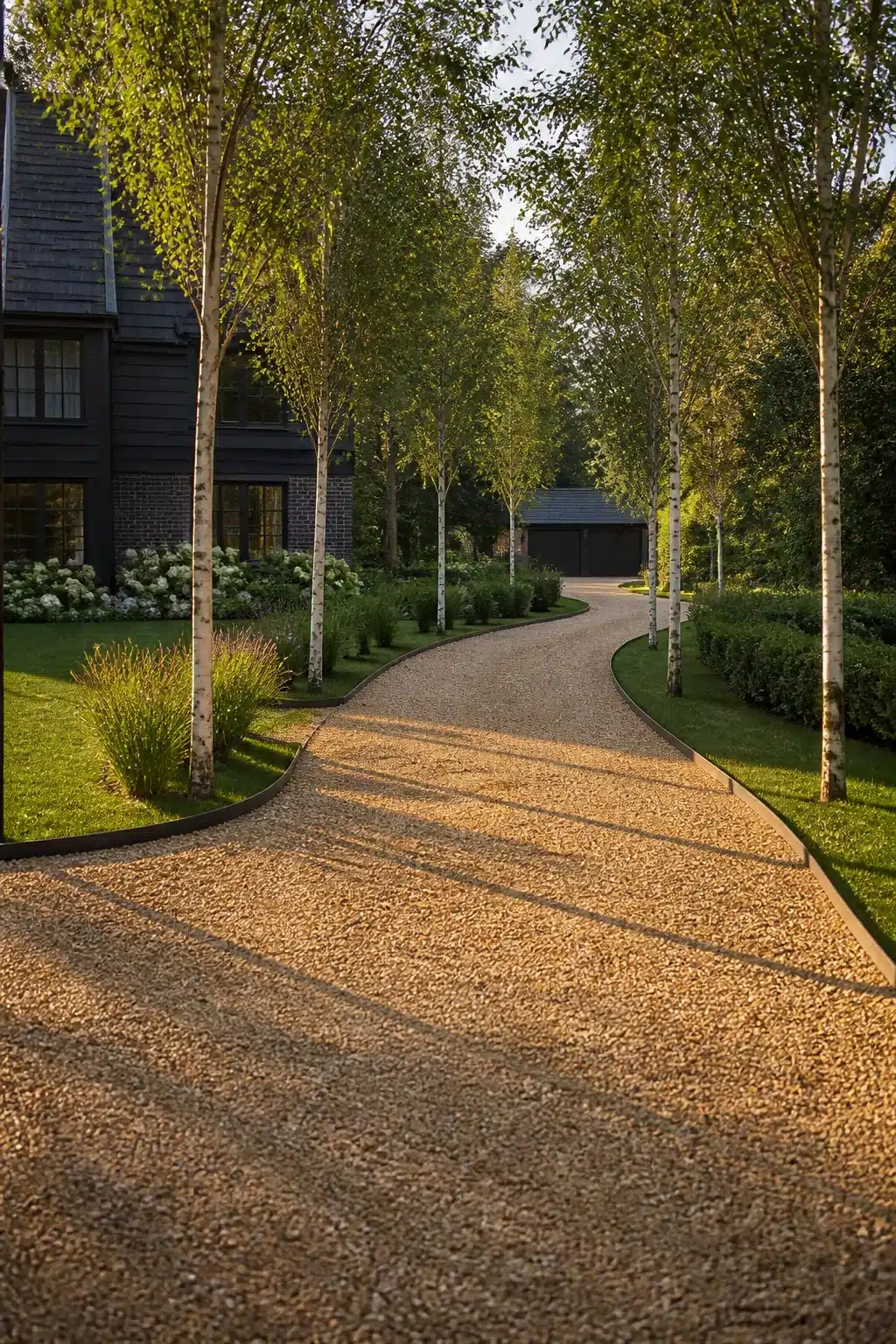 Curving gravel driveway lined with white birch trees and warm honey-toned gravel — Gravel Driveway Ideas