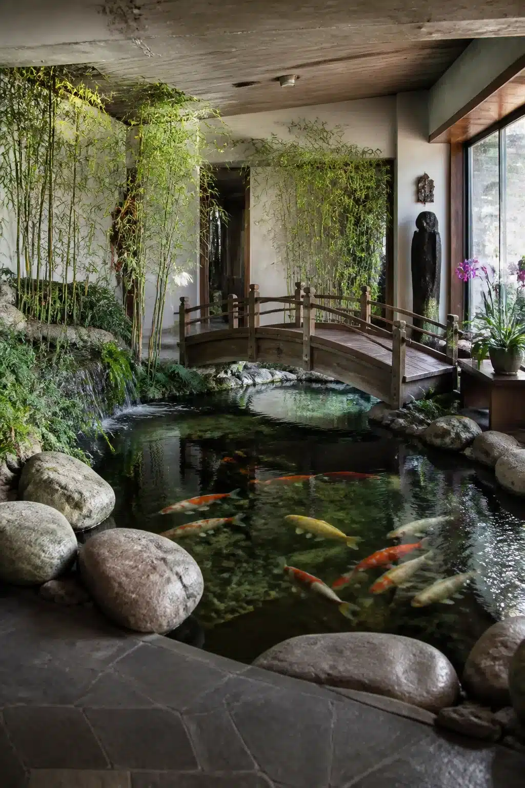 Indoor koi pond designs with arched timber bridge, live bamboo walls, and colorful koi fish swimming in clear water.