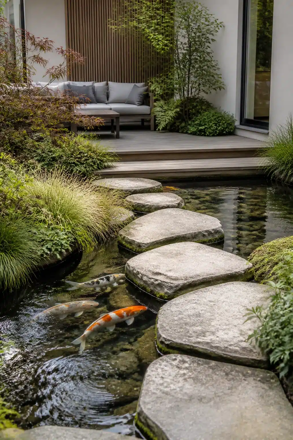 Koi pond design with flat boulder stepping stones, ornamental grasses, and colorful koi fish in a modern garden