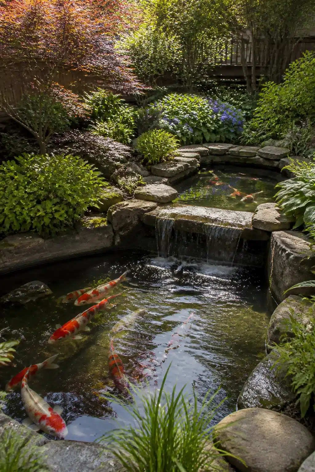 Tiered hillside koi pond designs with stone spillway cascade, two linked pools, and colorful koi fish in a lush garden.