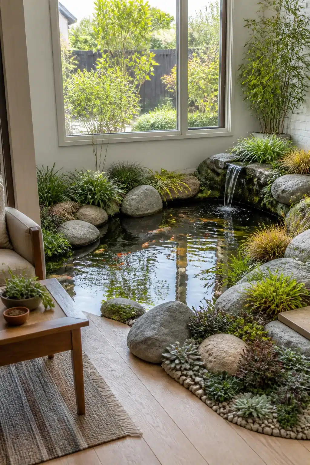 Indoor koi pond designs with boulder waterfall, rock garden, and koi fish visible beneath calm water surface