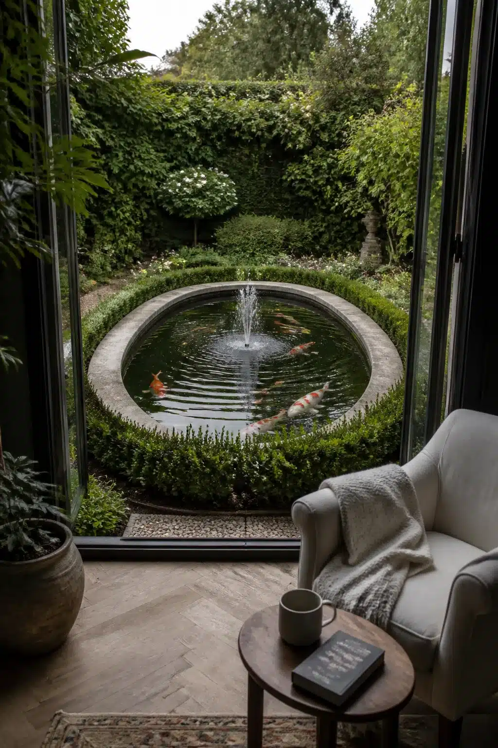 Formal circular koi pond with fountain, box hedge surround, and koi fish viewed from interior seating — Koi Pond Designs