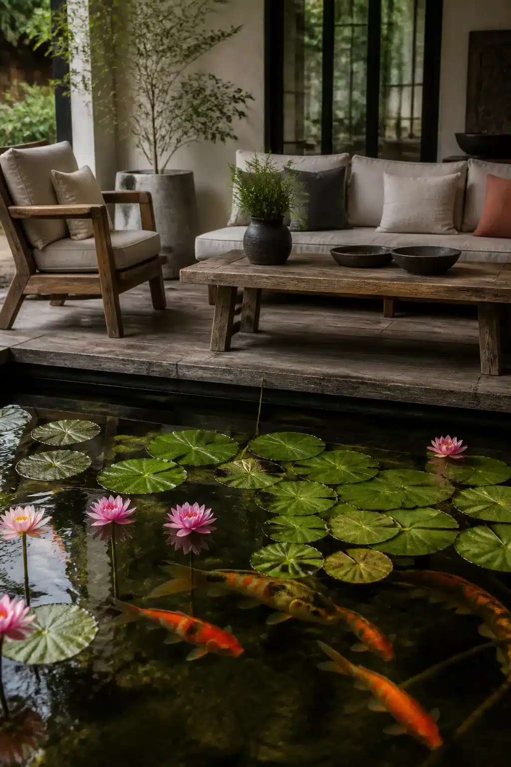 Koi pond designs with pink water lilies, lily pads, and a reclaimed wood deck seating area with koi fish below.