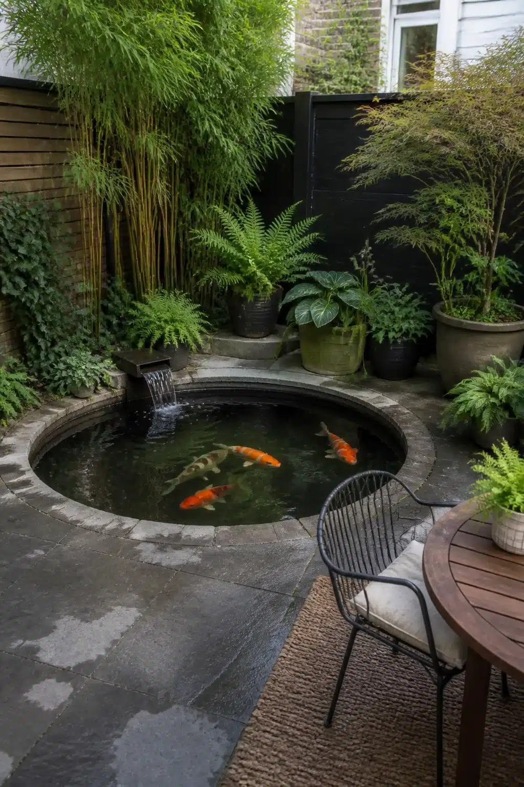 Small urban backyard koi pond designs with round sunken pond, slate paving, wall spout, and bright orange koi fish.