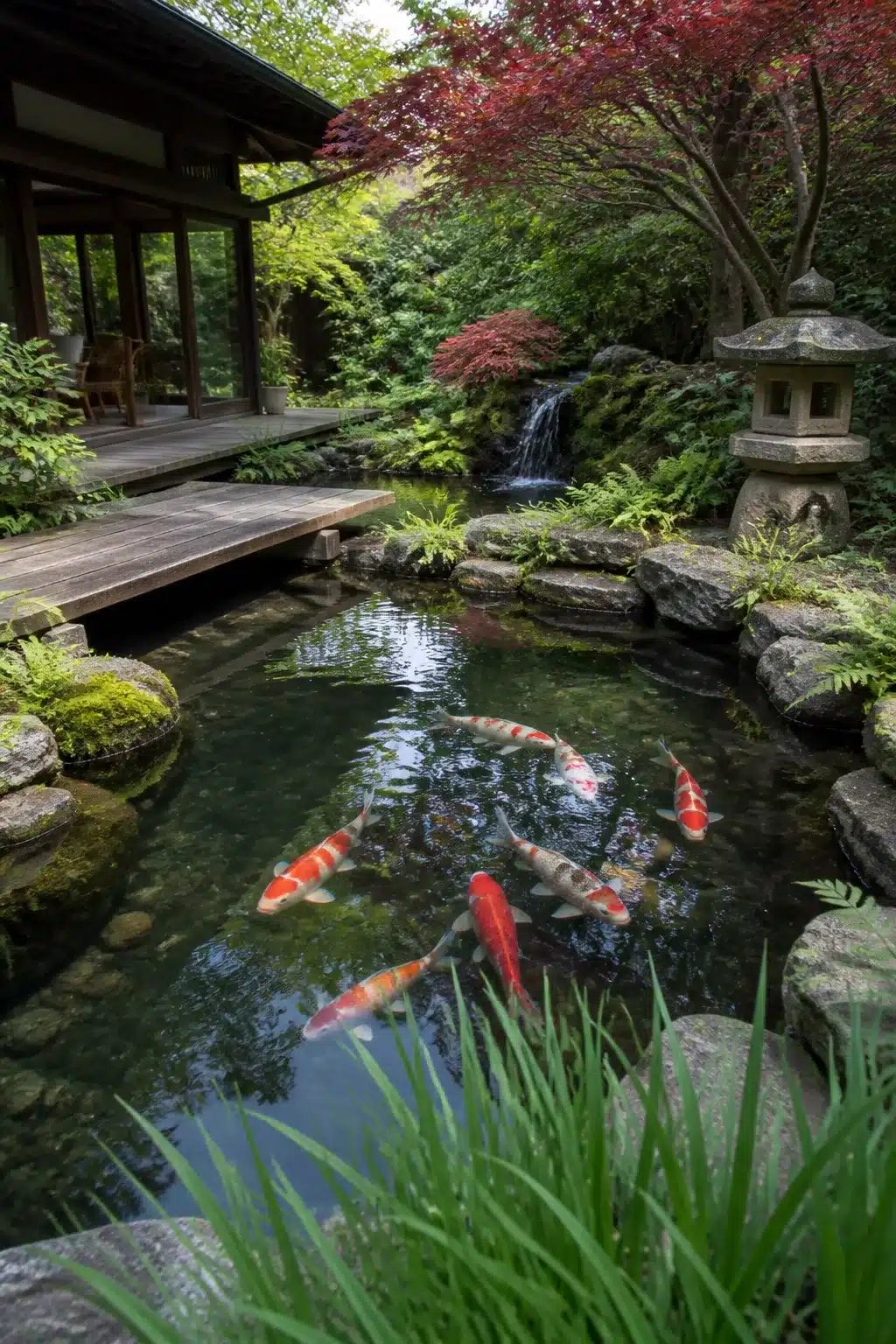 Japanese koi pond designs with stone lantern, timber deck bridge, waterfall, and large koi fish in clear water