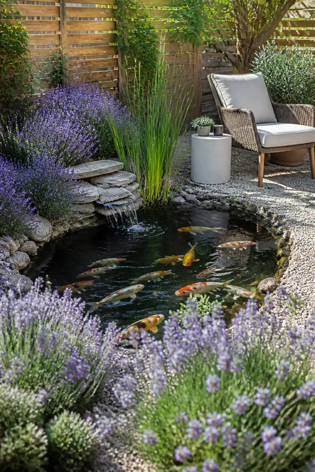 Circular koi pond designs edged with purple lavender and gravel surround with stone waterfall and koi fish