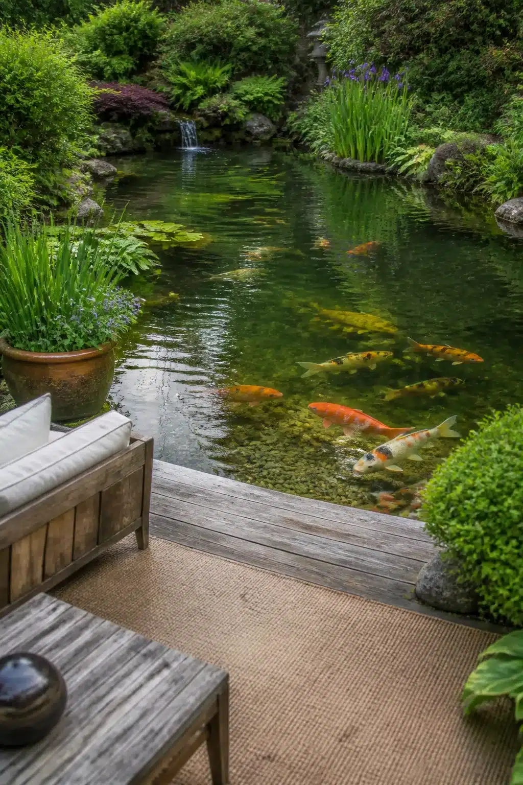 Koi pond designs featuring large koi fish, weathered deck seating, iris plantings, and a natural waterfall backdrop.