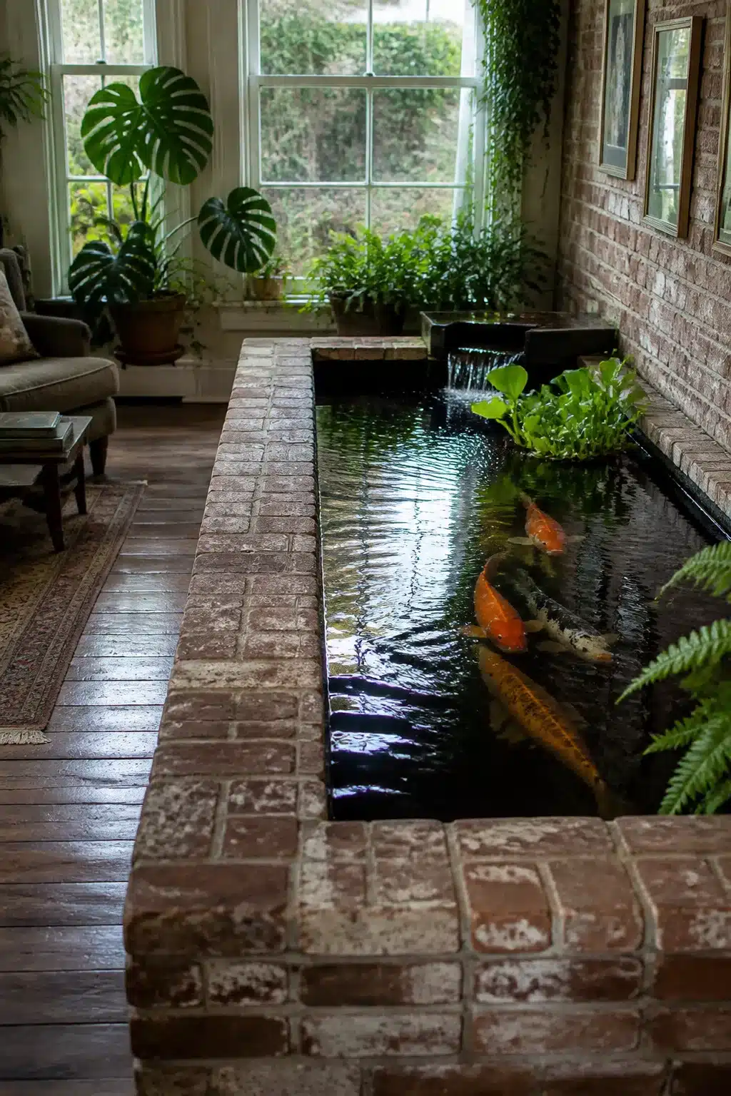 Raised brick indoor koi pond with large koi fish and small waterfall — koi pond designs for sunrooms