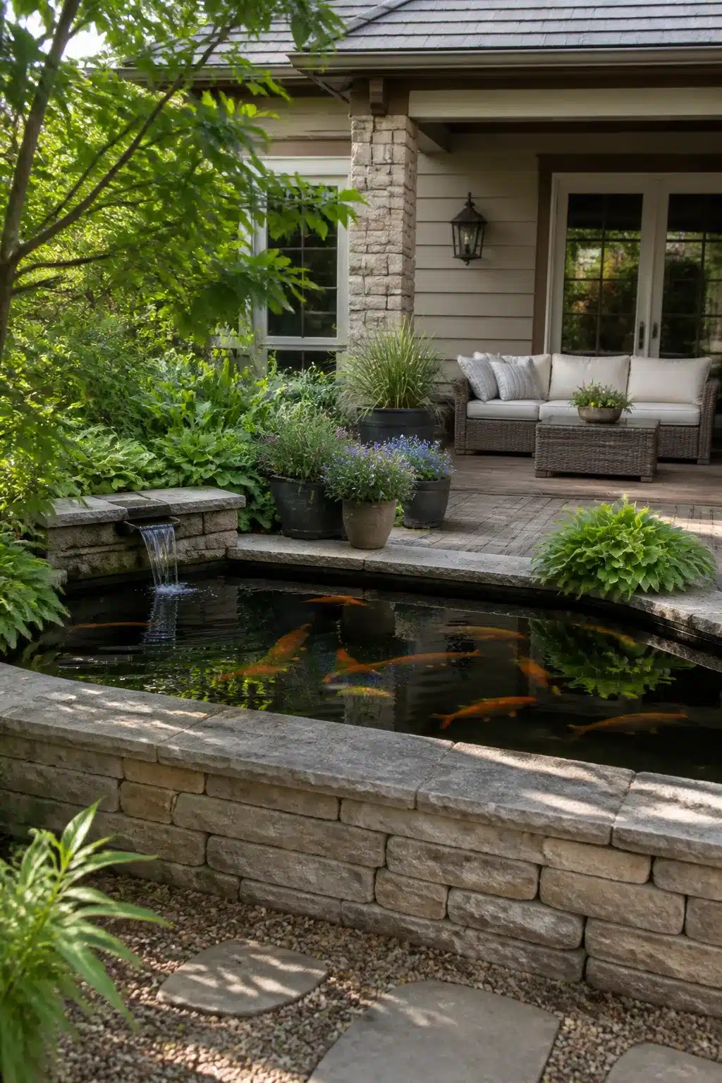 Raised stone wall koi pond design with spillway, orange koi fish, and planted patio surround