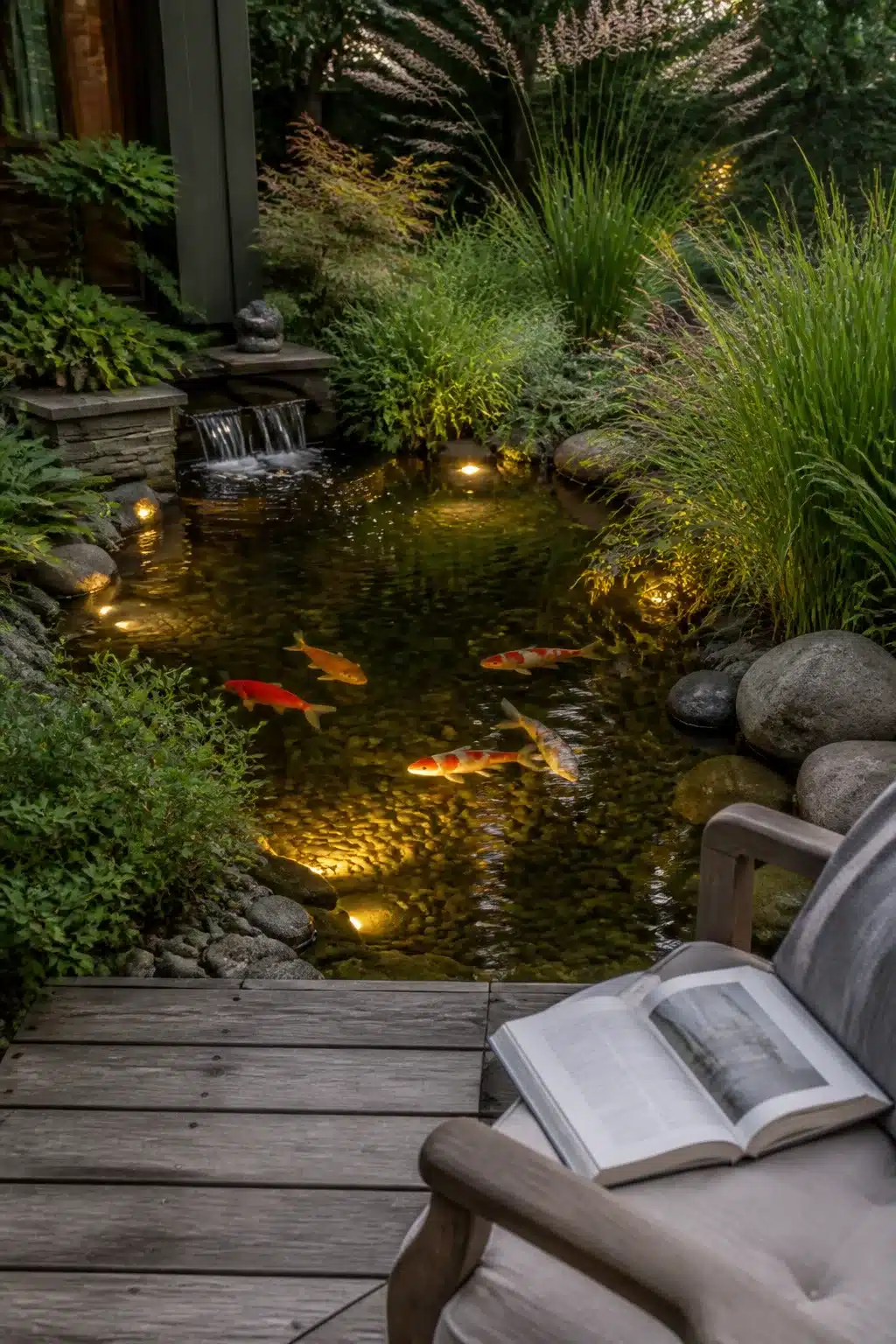 Koi pond design at dusk with underwater spotlights illuminating orange koi fish and a stone spillway waterfall.