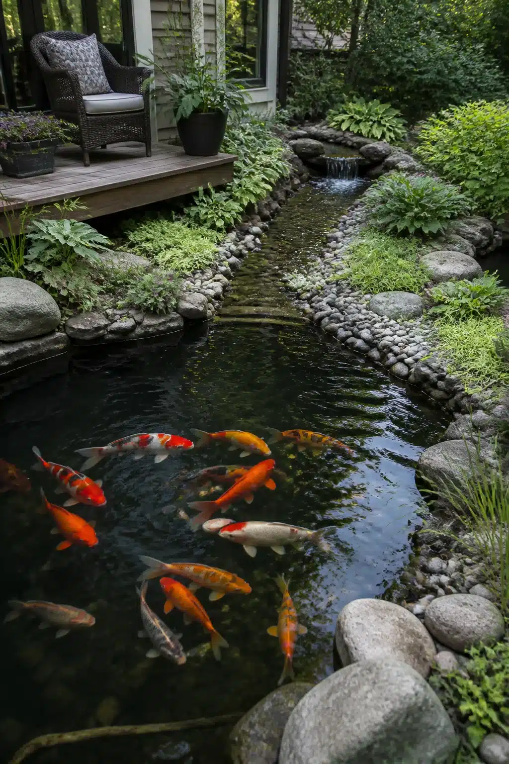 Koi pond designs with a narrow river rock stream channel, waterfall, colorful koi fish, and wicker deck seating.