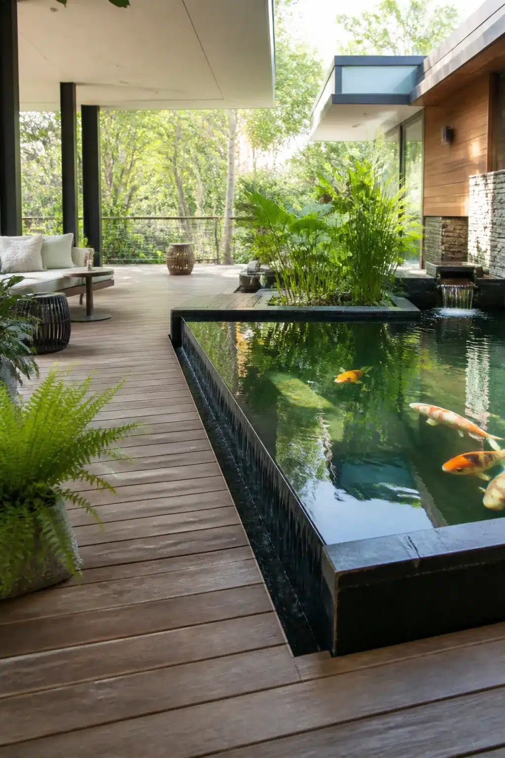 Black-coped raised koi pond designs with overflow edge, hardwood deck, and bright koi fish in outdoor garden setting.