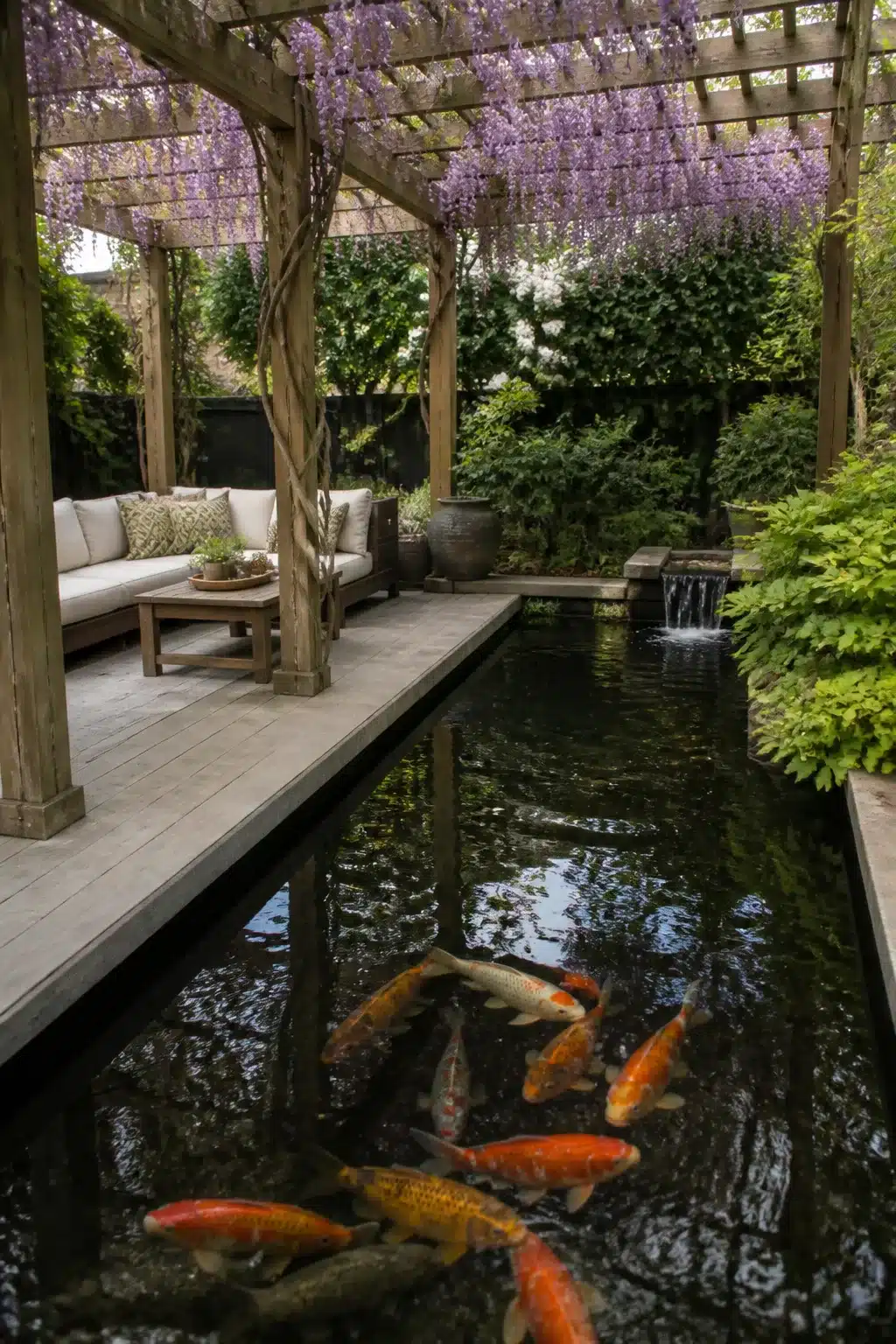 Koi pond designs with wisteria pergola, gray deck, waterfall, and large orange koi fish in a lush garden setting.