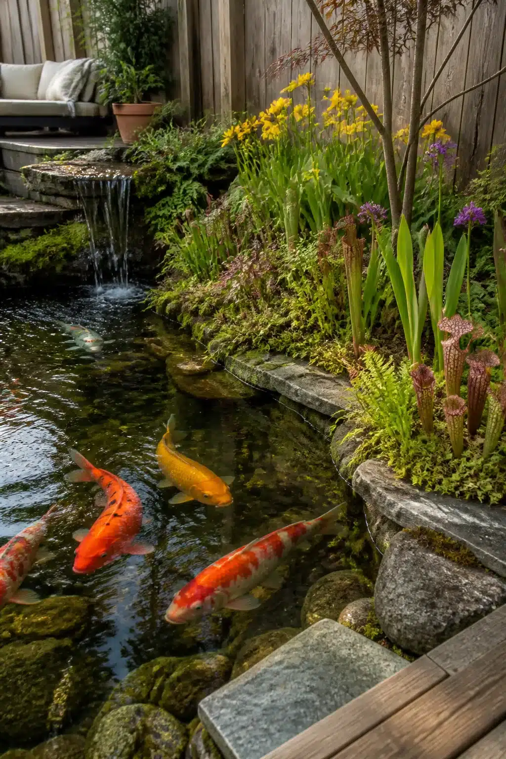 Koi pond design with bog garden edge, pitcher plants, irises, and a small stone waterfall spillway with colorful koi fish