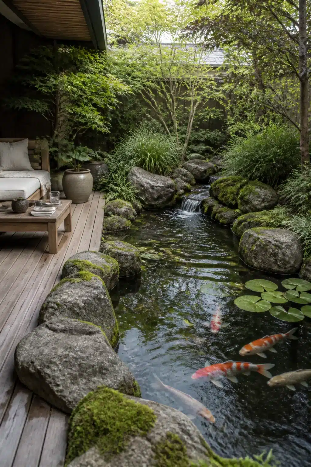 Naturalistic koi pond designs with moss-covered boulders, lily pads, and colorful koi fish beside a timber deck