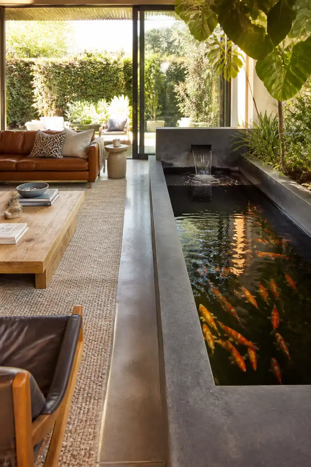 Indoor-outdoor concrete channel koi pond design with orange koi fish and wall spout water feature alongside a living room.