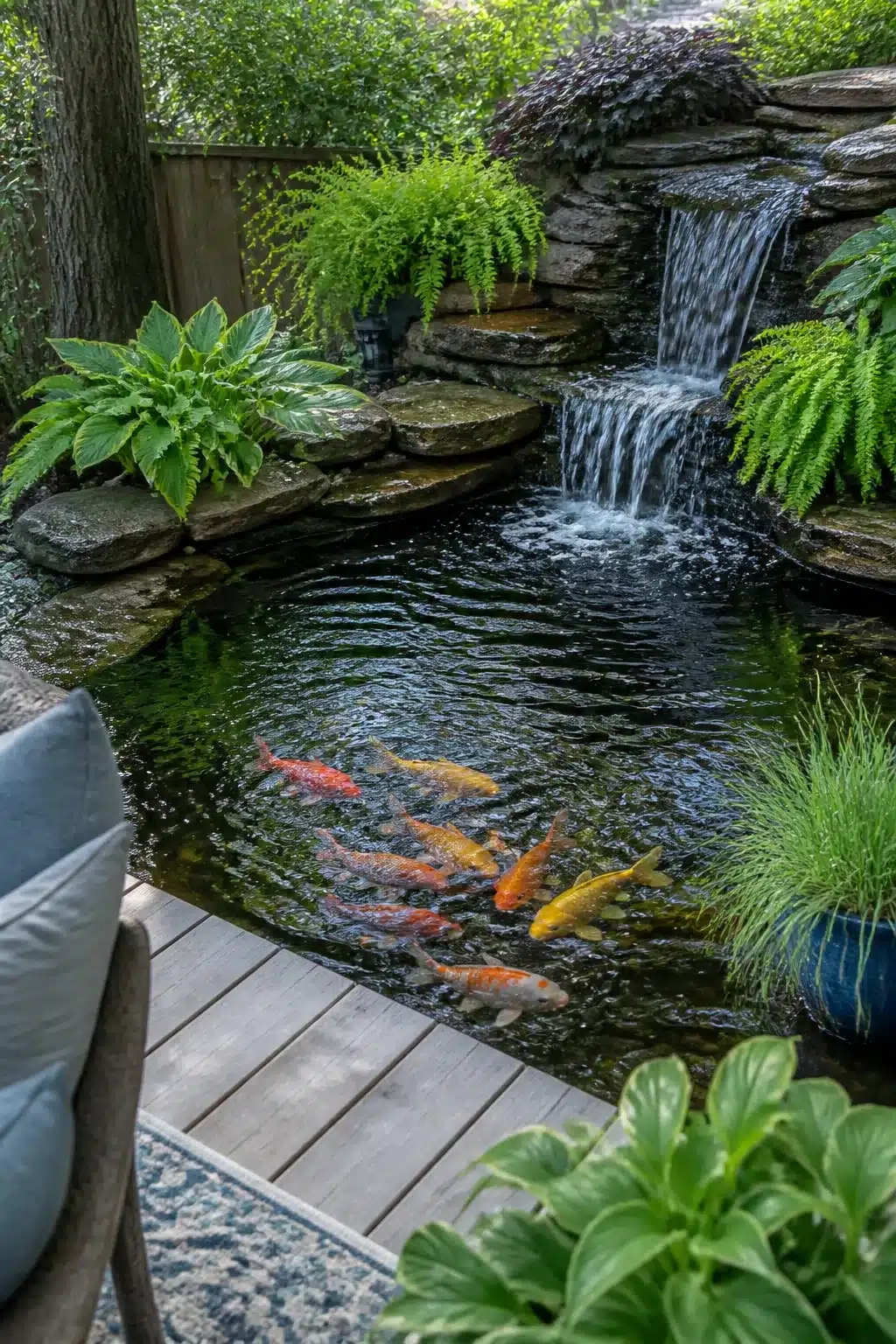 Backyard koi pond designs with stacked stone waterfall, ferns, and colorful koi fish beside a timber deck