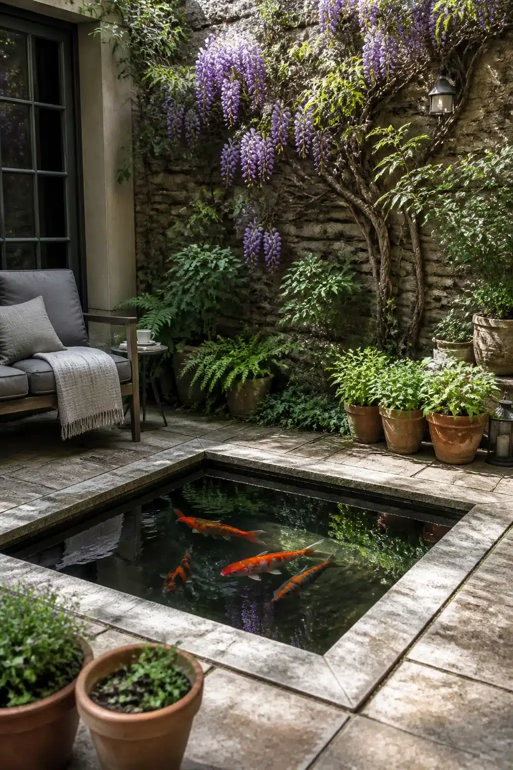 Sunken square koi pond in a wisteria courtyard — courtyard koi pond design with stone pavers and orange fish