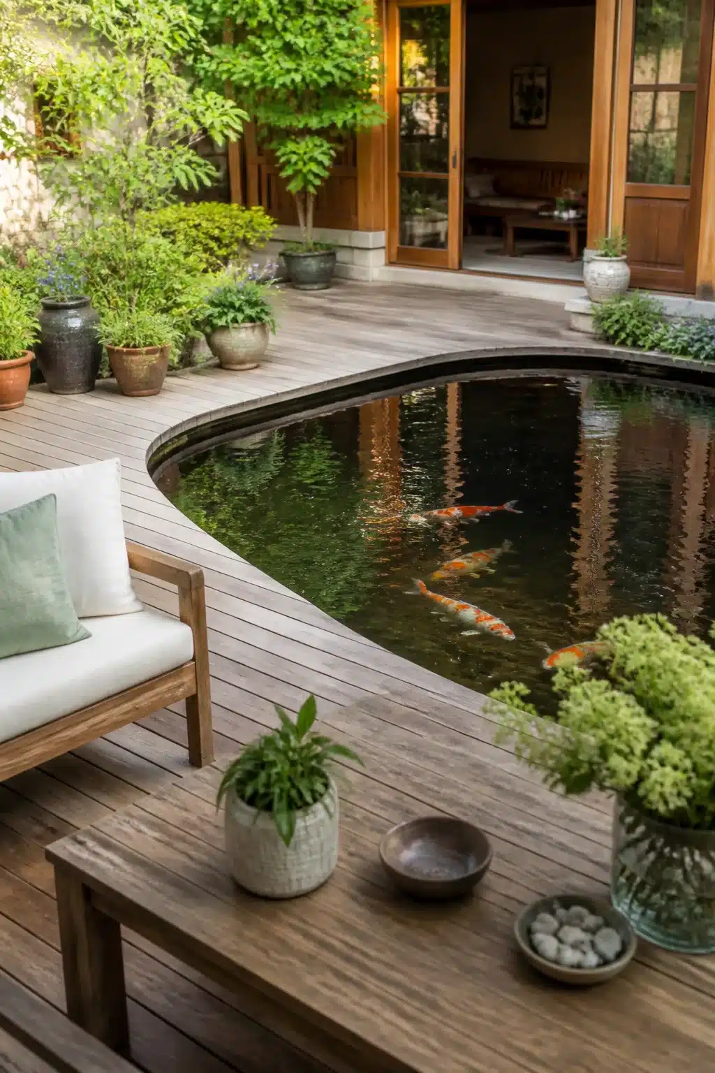 Curved koi pond with teak timber deck surround, potted plants, and orange koi fish — koi pond design ideas