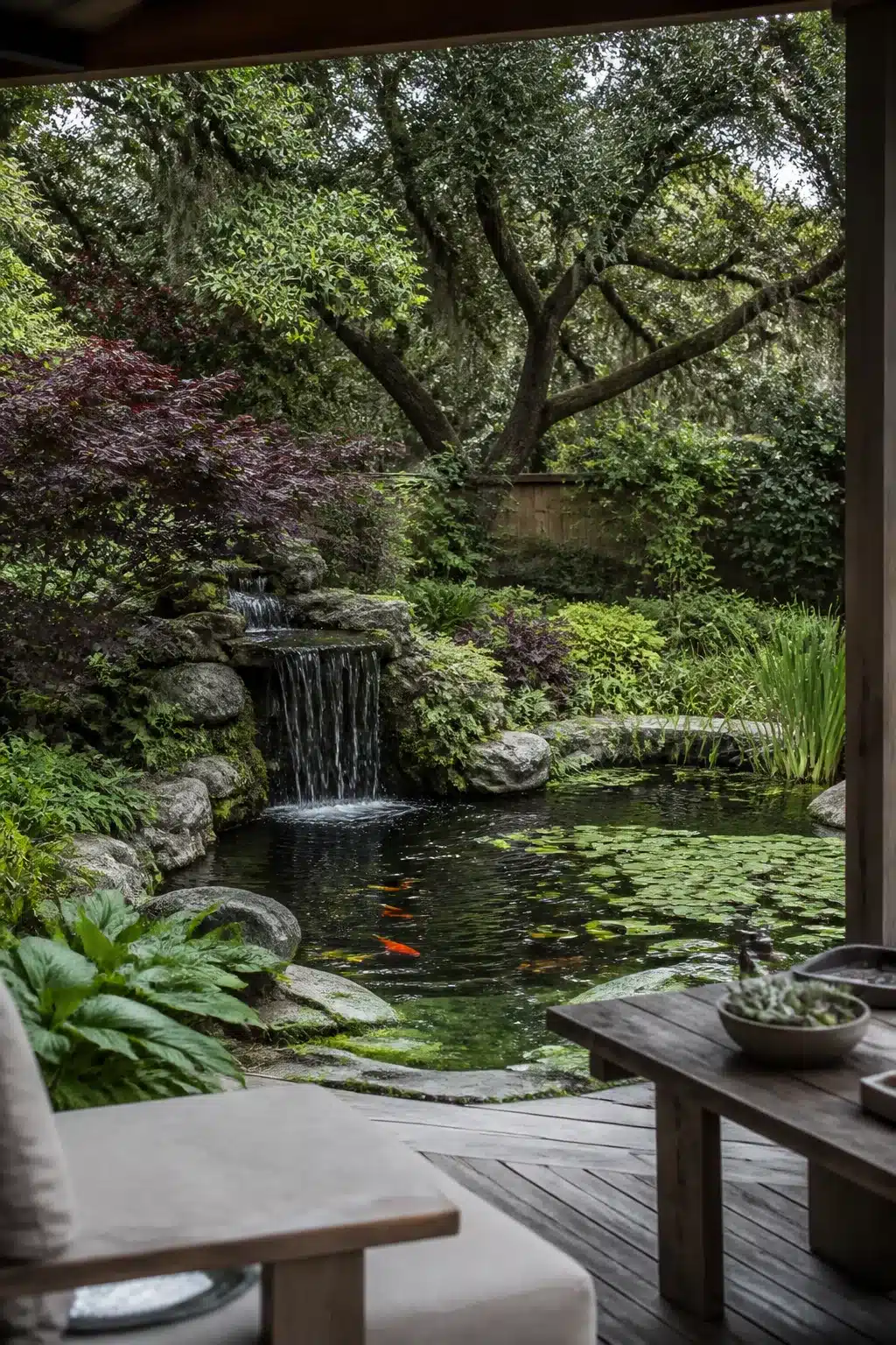 Shaded woodland koi pond designs with rock waterfall, lily pads, and orange koi beneath mature oak canopy.