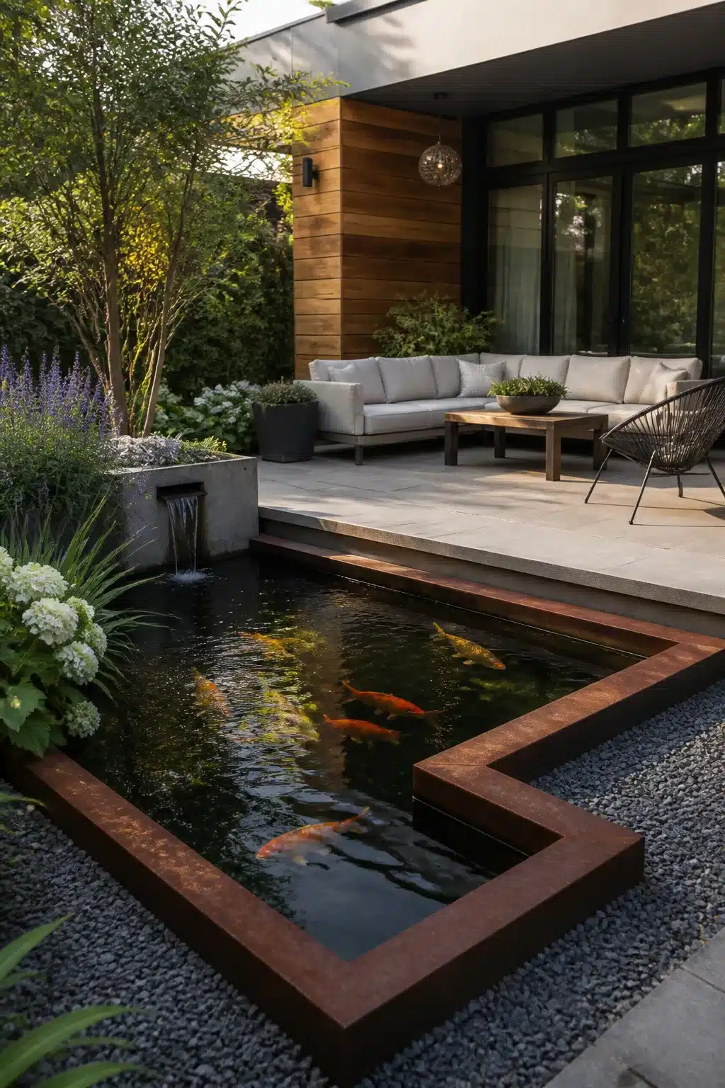 Modern geometric koi pond designs with corten steel edging, gravel surround, and orange koi fish in a contemporary backyard.