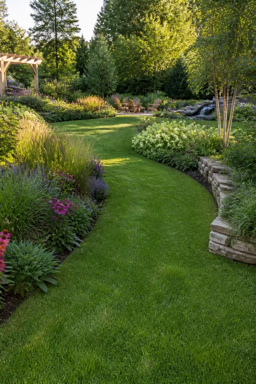 Curved lawn path through mixed perennial borders — large backyard landscaping ideas with Adirondack seating area