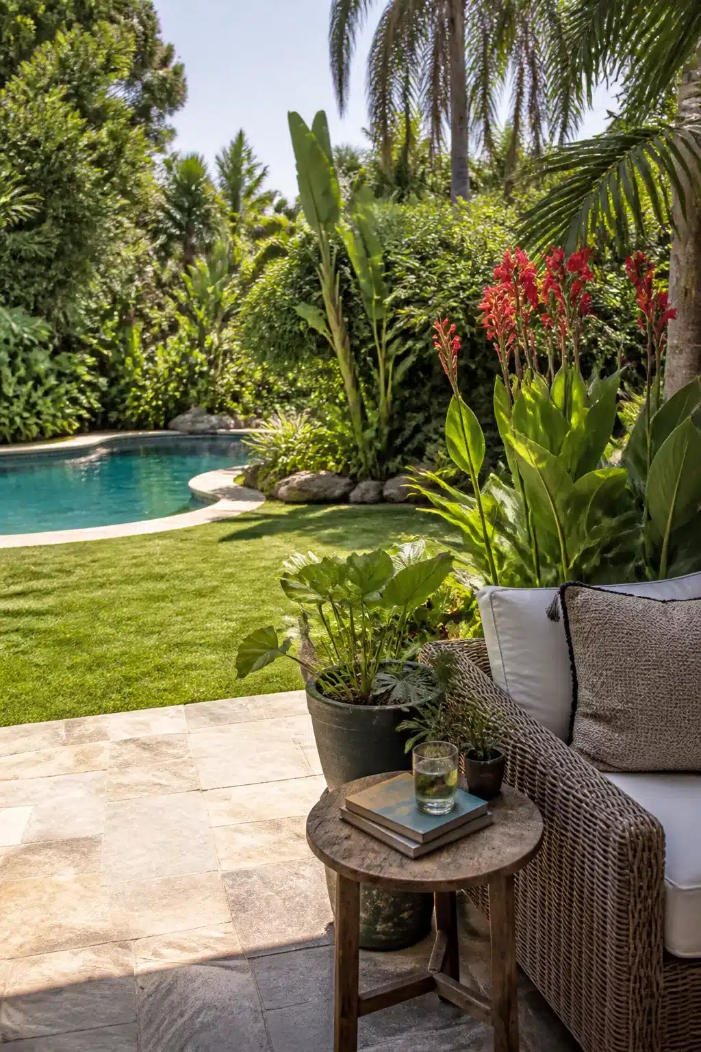 Freeform pool with lush tropical canopy planting — large backyard landscaping ideas for warm climates