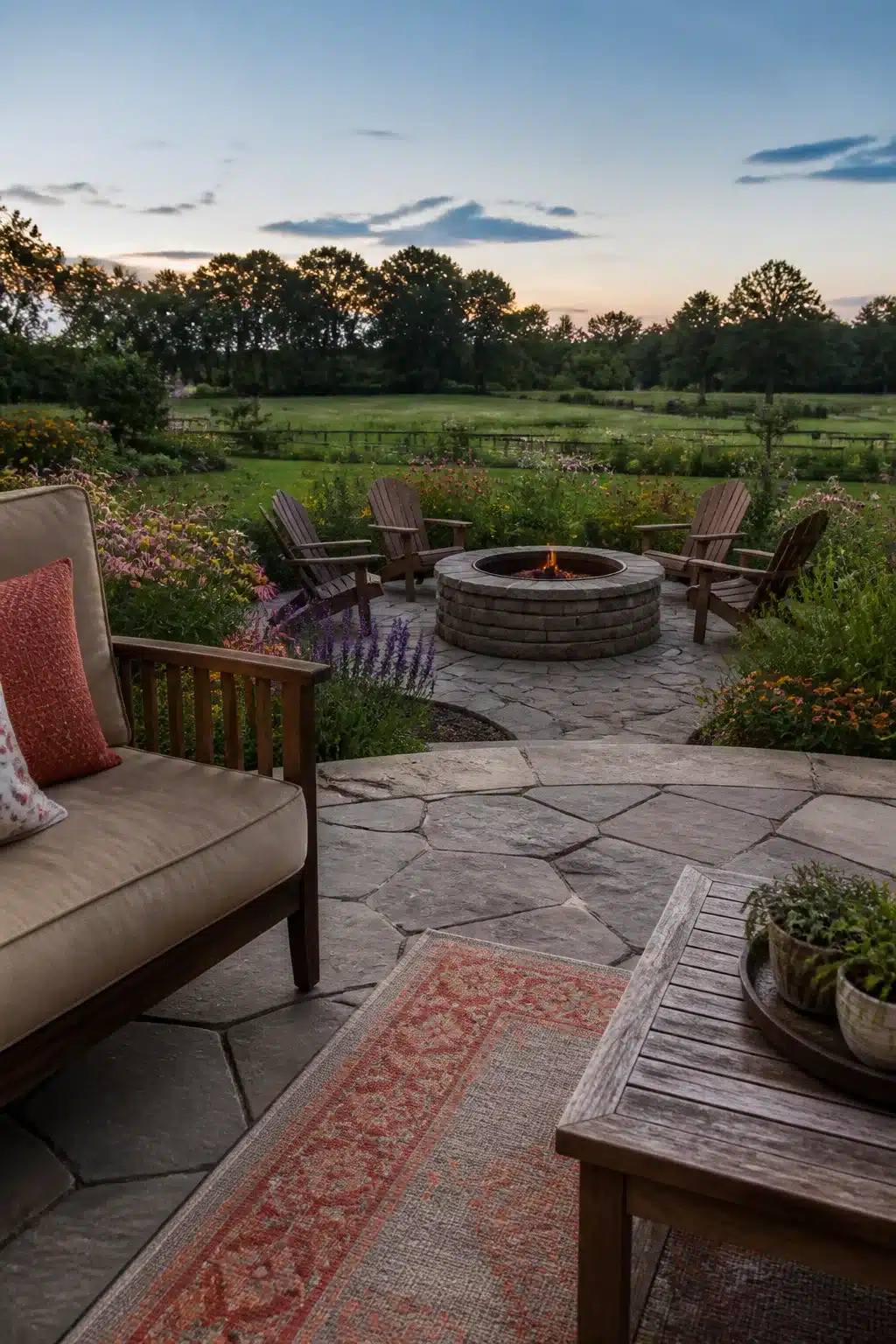 Large backyard landscaping idea with flagstone patio, fire pit circle, Adirondack chairs, and perennial border at dusk