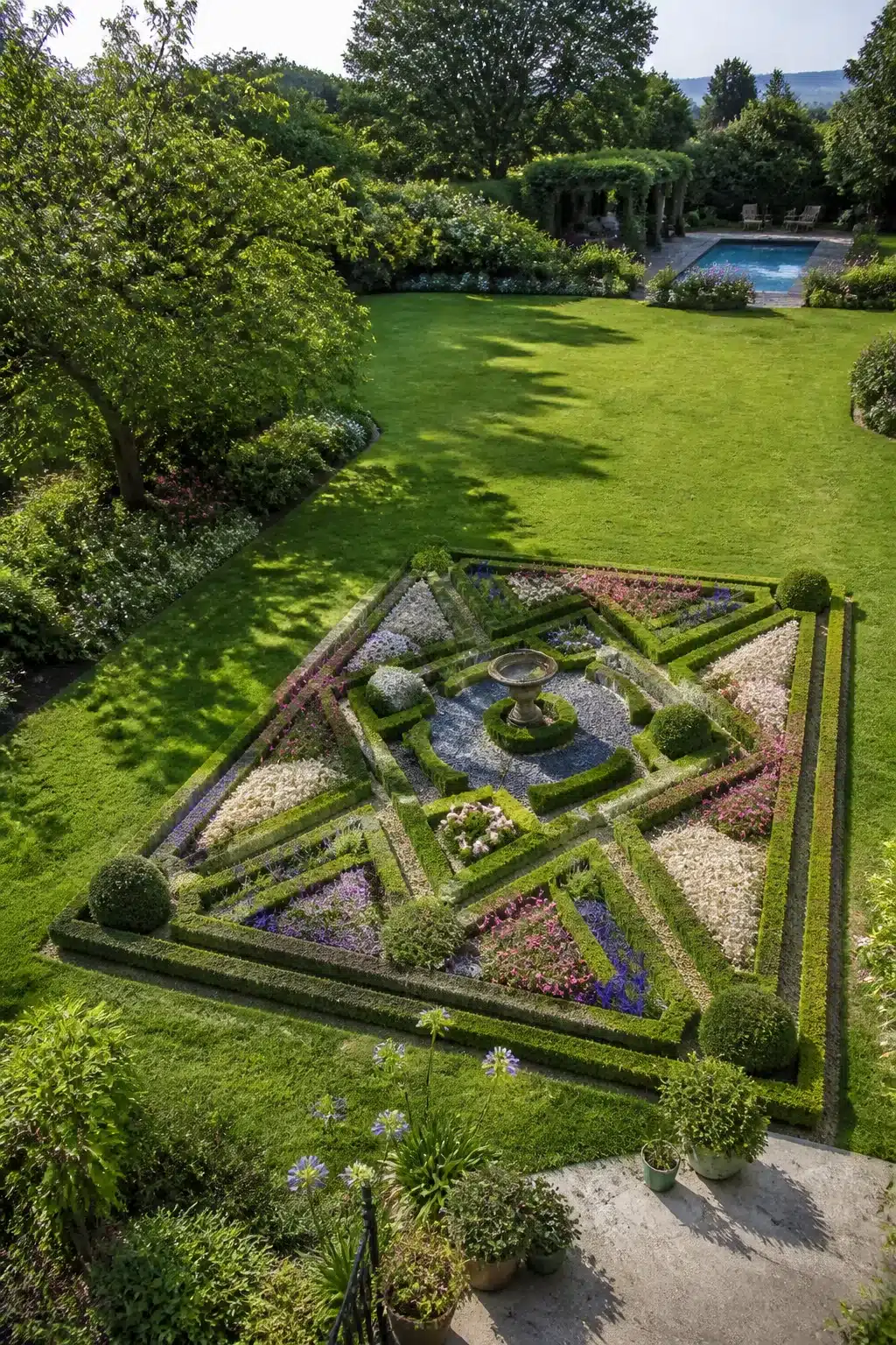 Aerial view of a clipped box parterre garden with gravel paths — large backyard landscaping ideas with formal geometry