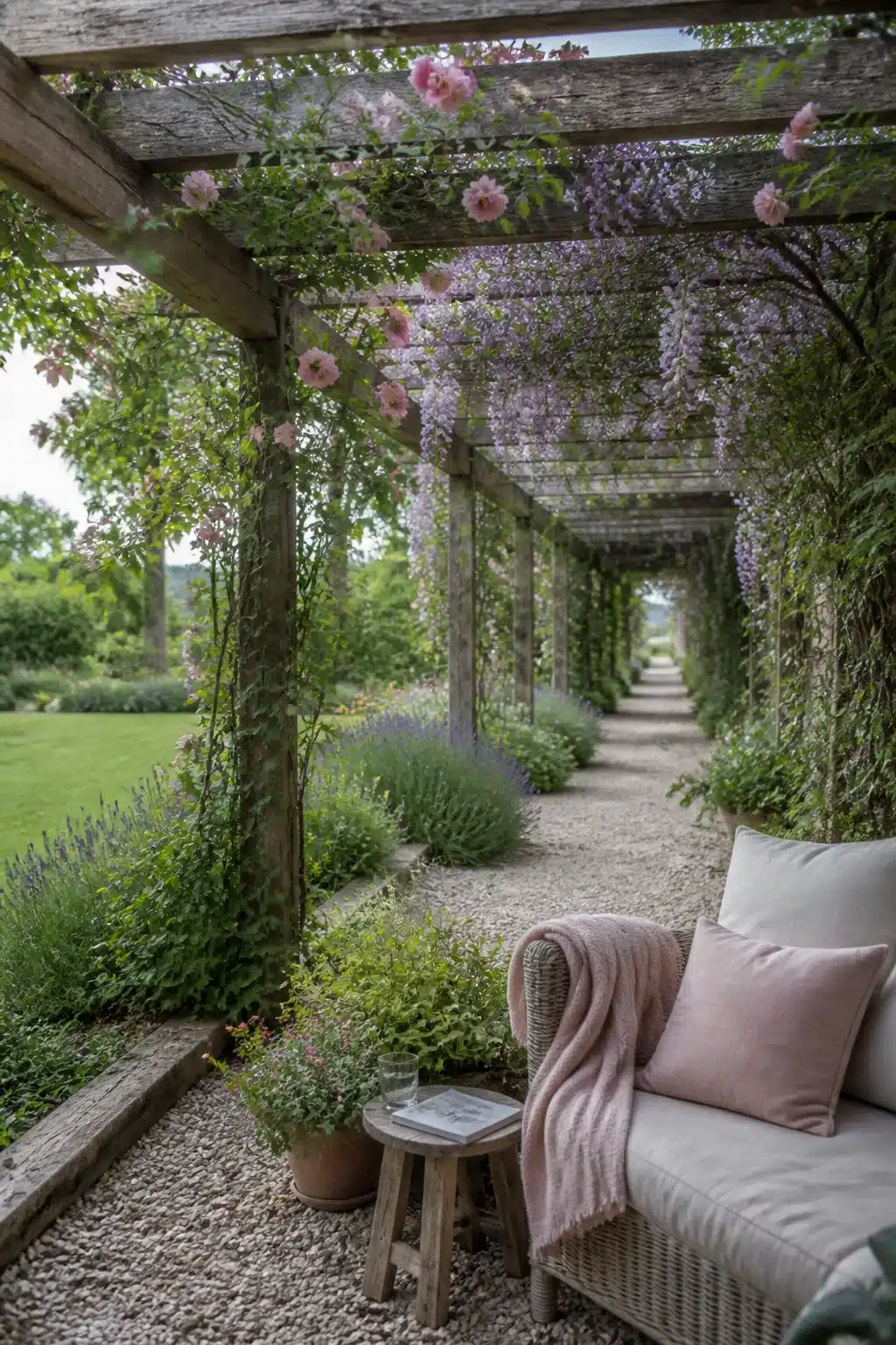 Long pergola walk with wisteria and climbing roses in a large backyard landscaping ideas setting