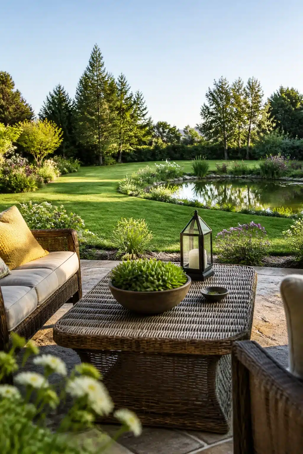 Large backyard landscaping ideas with a naturalistic pond, perennial borders, and wicker patio seating overlooking a sweeping lawn.