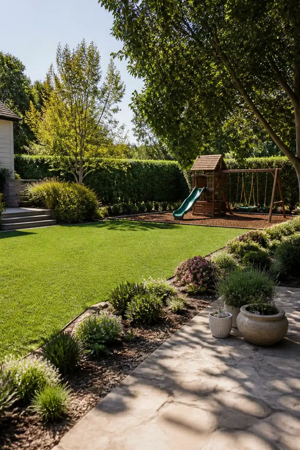 Large backyard landscaping ideas with wooden play structure, screening hedge, and flagstone patio — kids' zone design