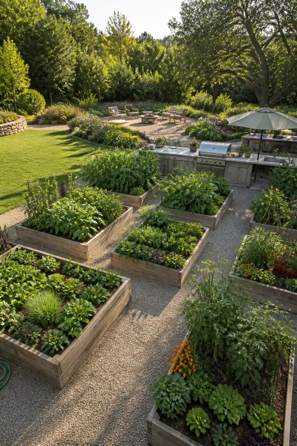 Large backyard landscaping idea with wooden raised vegetable garden beds, gravel paths, and outdoor kitchen area.