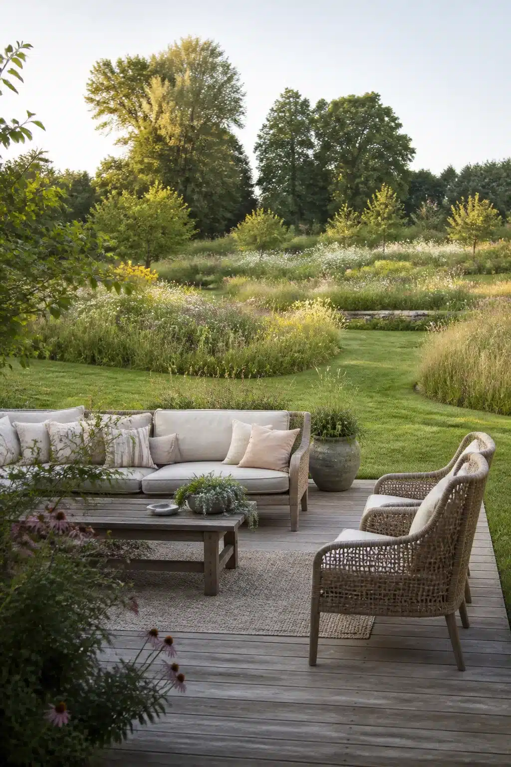 Large backyard landscaping ideas with woven rattan seating, wildflower prairie planting, and a mown grass path.