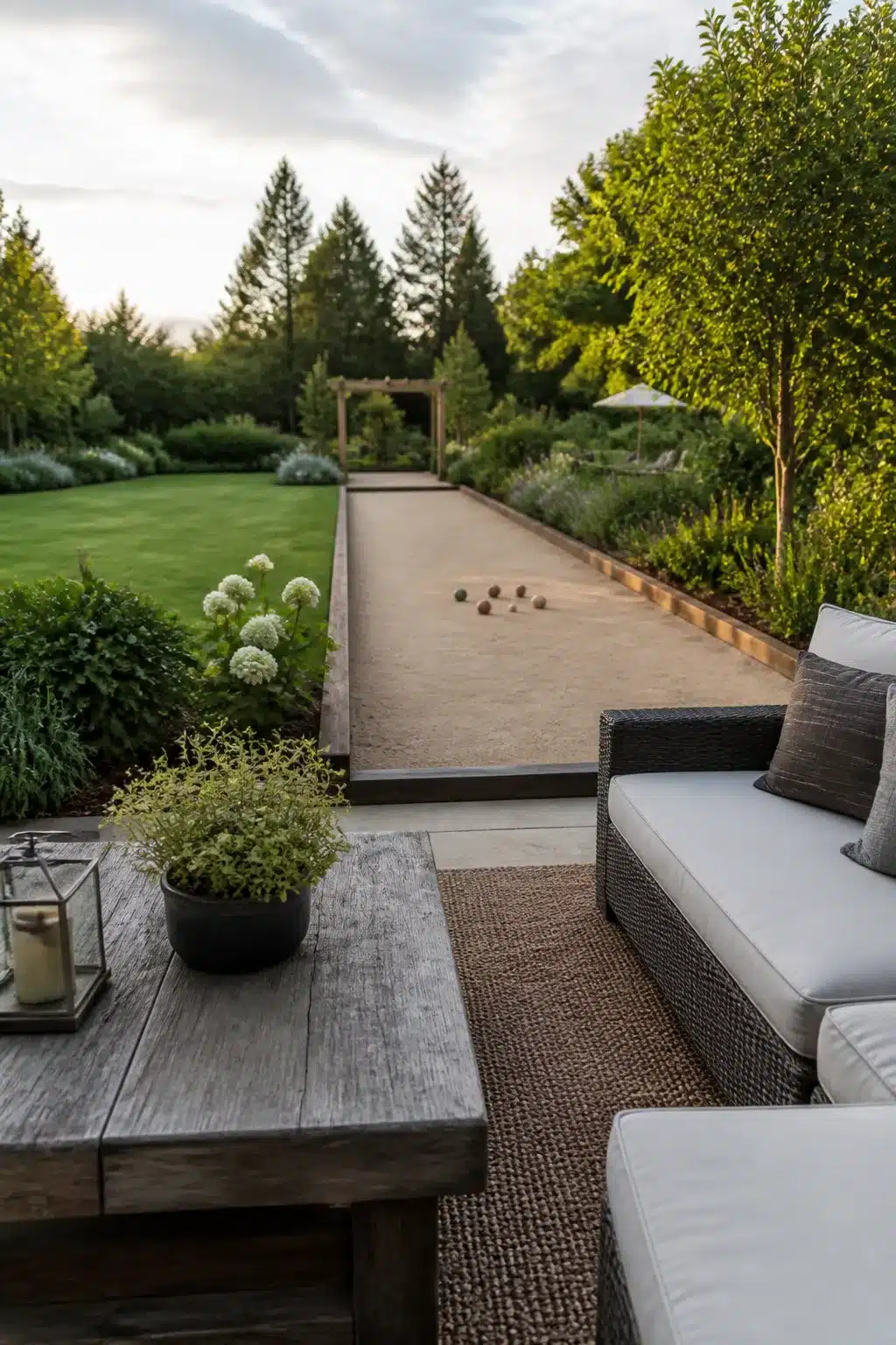 Bocce ball court with wicker lounge seating and lush planting — large backyard landscaping ideas