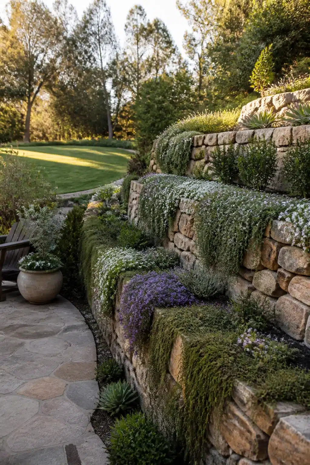 Sandstone retaining walls with cascading thyme and ground cover — large backyard landscaping ideas for sloped yards